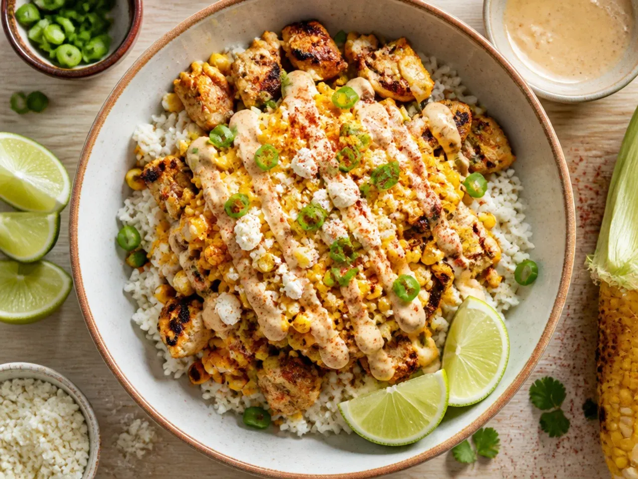 Classic street corn chicken rice bowl with charred corn and sliced grilled chicken