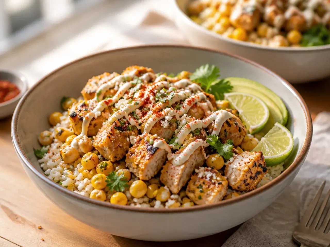 Quick weeknight street corn chicken rice bowl assembled in a single bowl