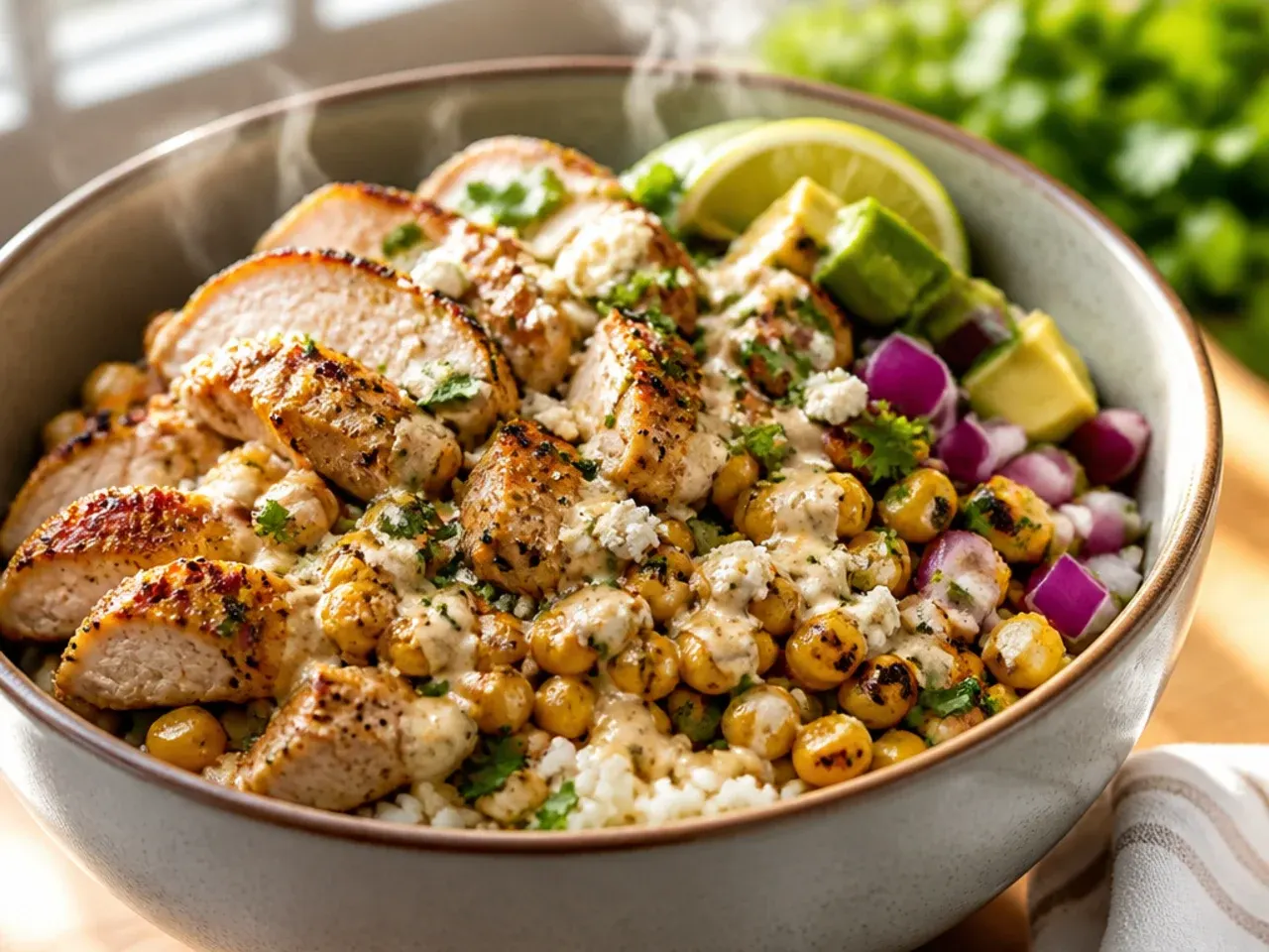 Roasted corn and chicken thighs in a bowl with rice, steam rising