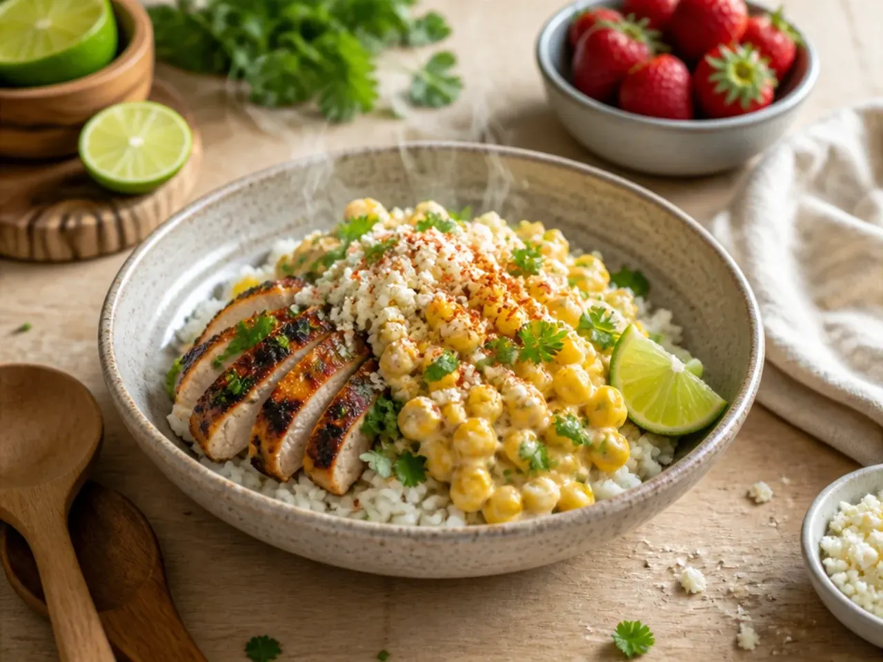 Simple five-ingredient street corn chicken rice bowl