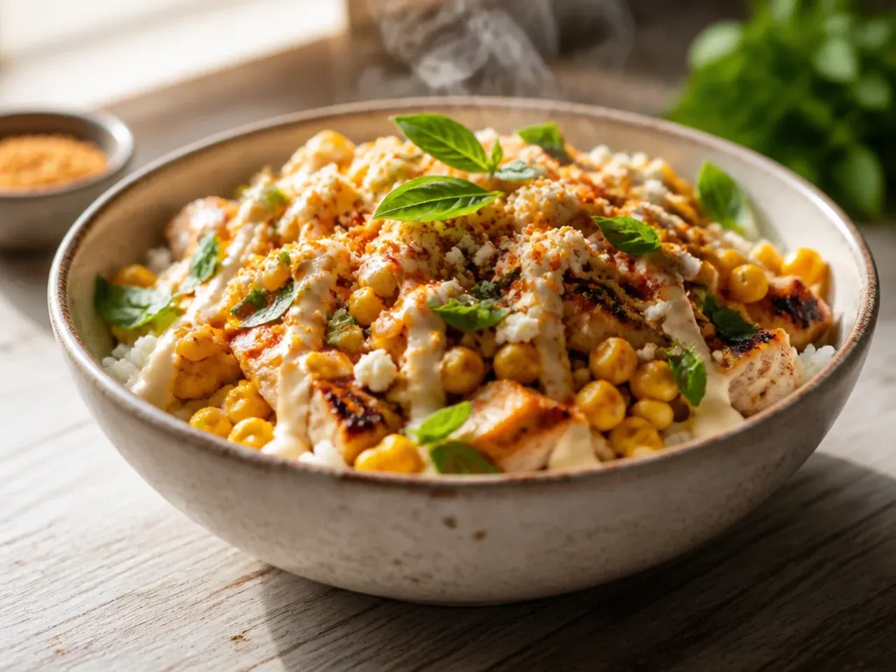 Extra creamy elote-style sauce being poured over a chicken rice bowl