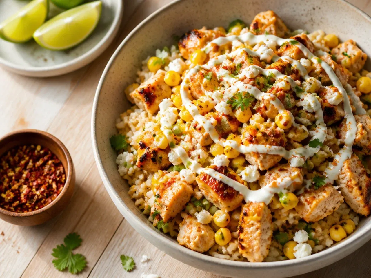 Loaded street corn chicken burrito bowl with beans, avocado and pico de gallo