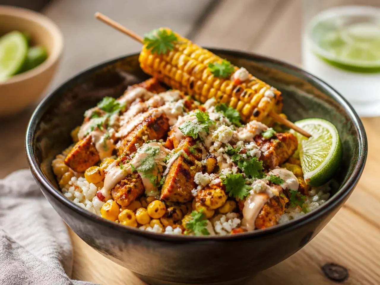Grilled chipotle chicken and charred corn cobs beside a rice bowl