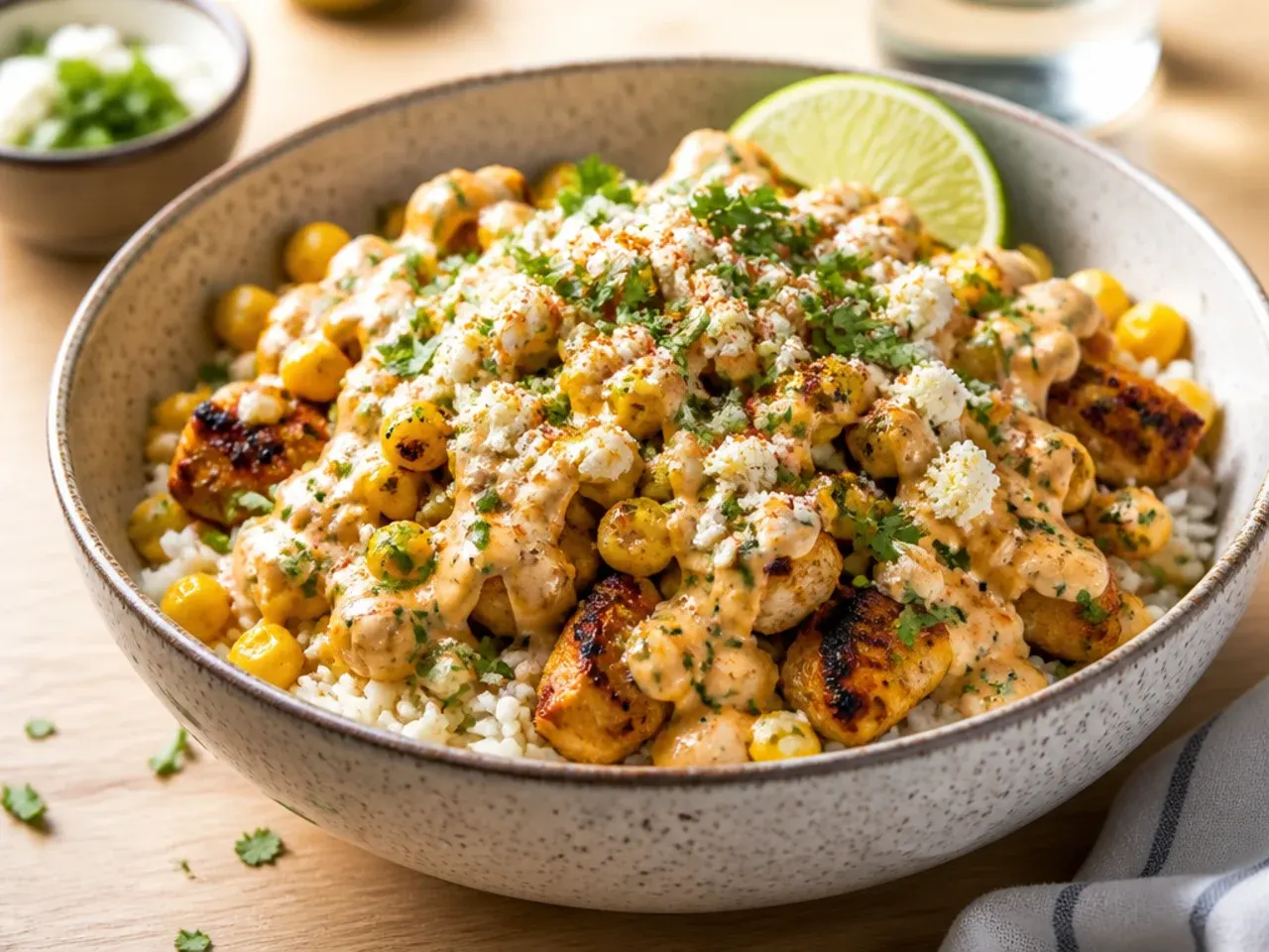 Extra cheesy street corn chicken rice bowl topped with crumbled cotija and grated cheese