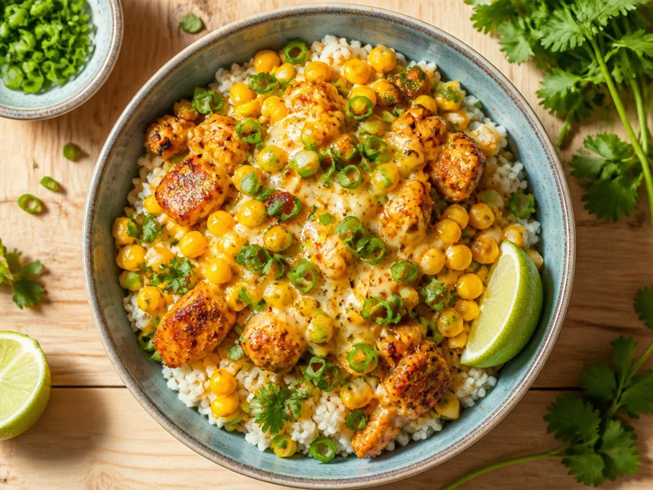 Budget-friendly street corn chicken rice bowl made with frozen corn and chicken thighs