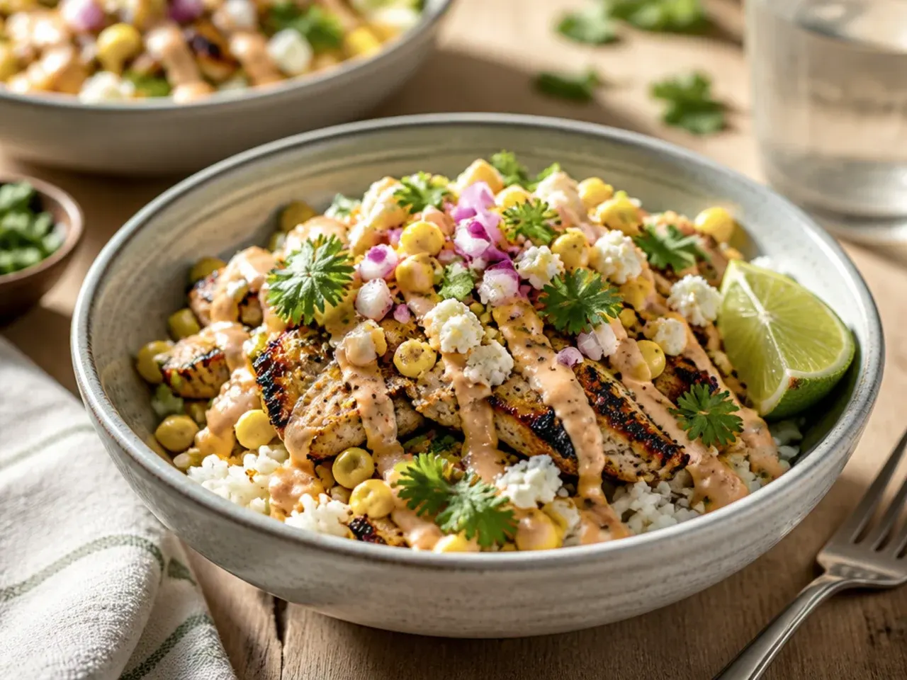 Sheet pan of roasted chicken and corn set up buffet-style for a crowd