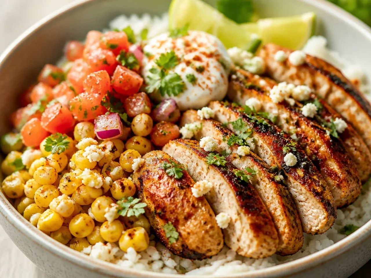 Meal-prep containers of street corn chicken rice bowl ingredients portioned for the week