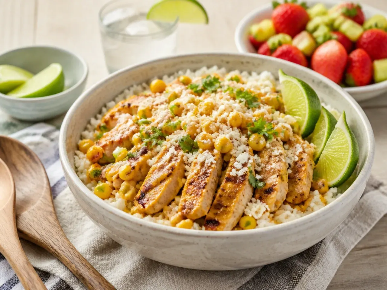 Mild family-style street corn chicken rice bowl without chilli or jalapeño