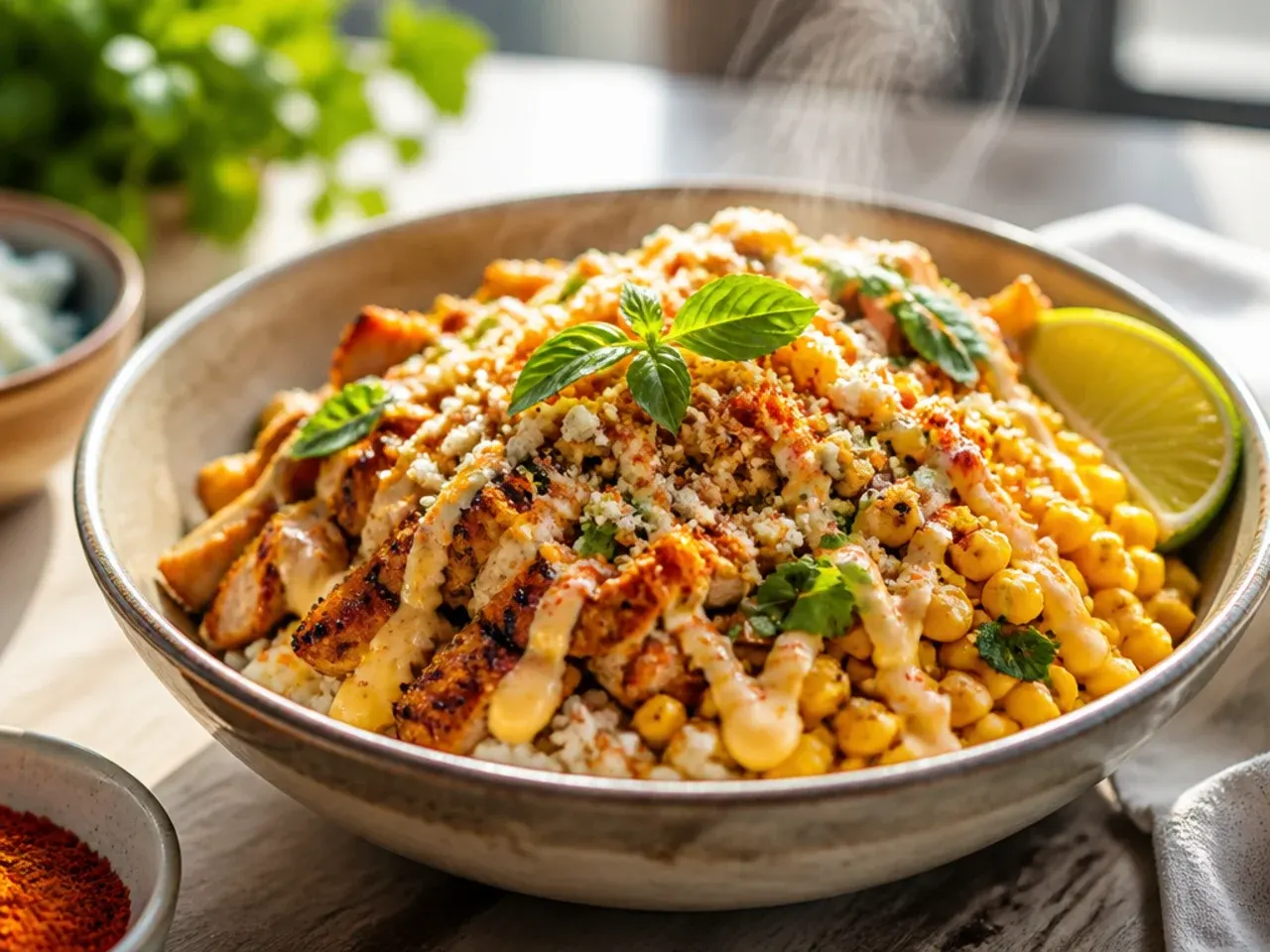 Festive summer spread of street corn chicken rice bowls with grilled corn cobs and limeade