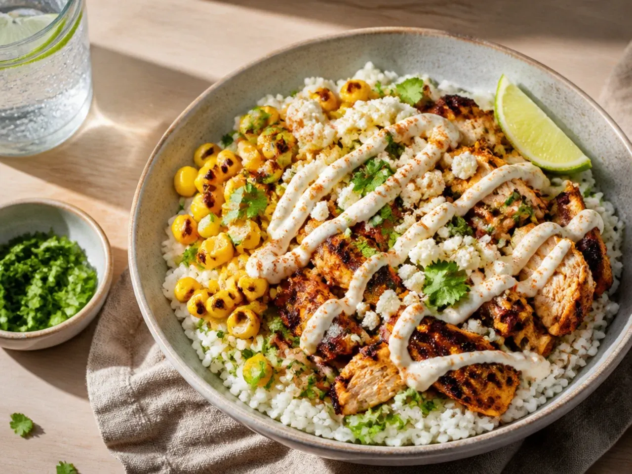 Shredded rotisserie chicken street corn rice bowl ready in minutes