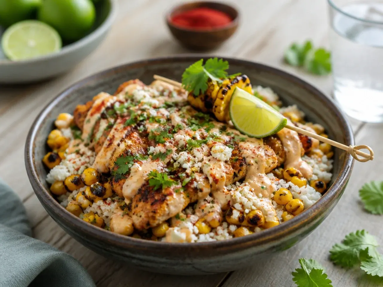 Fresh corn cobs, raw rice and lime being prepared for a from-scratch street corn bowl