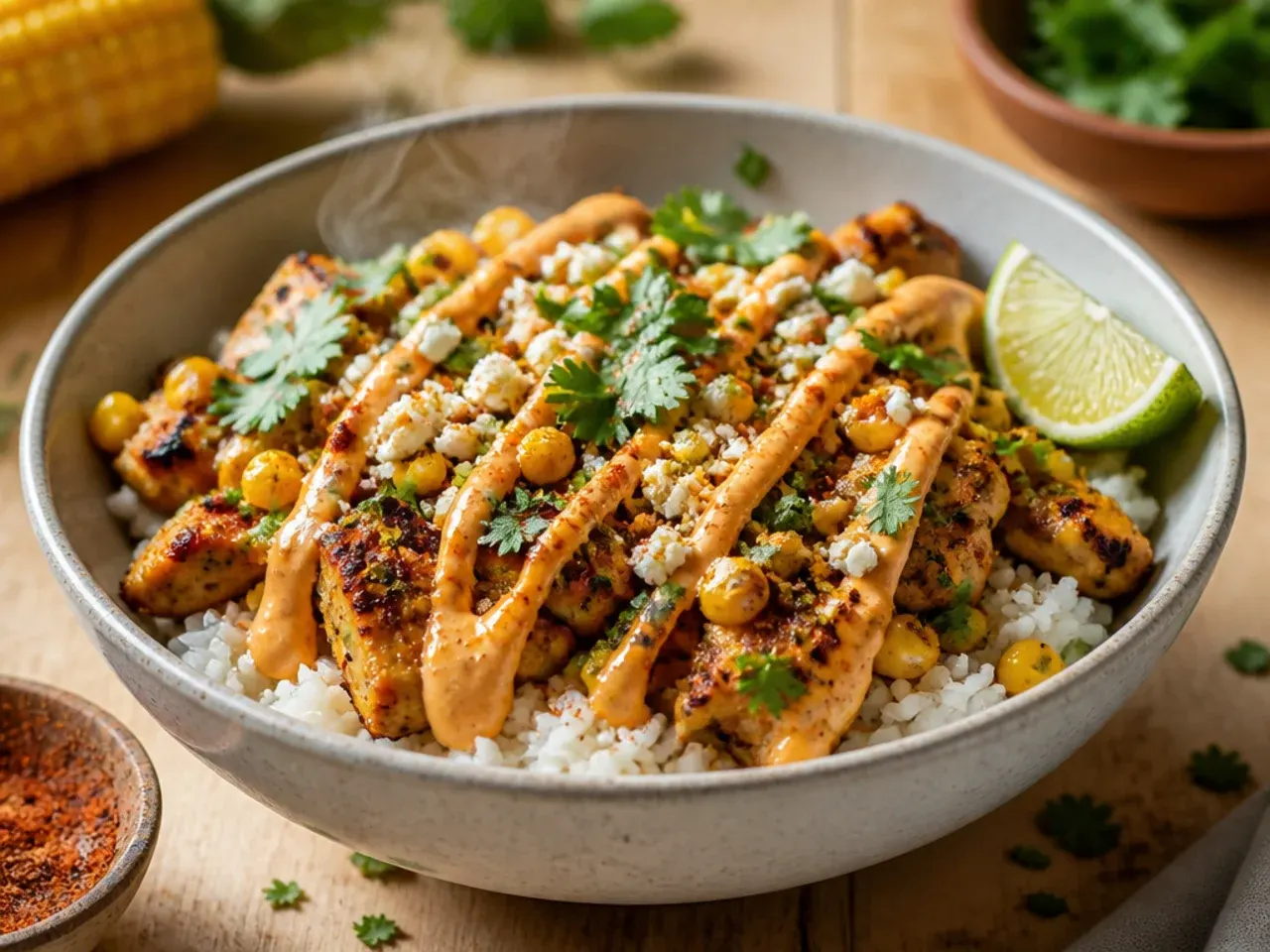 Spicy chipotle street corn chicken rice bowl with sliced jalapeño on top