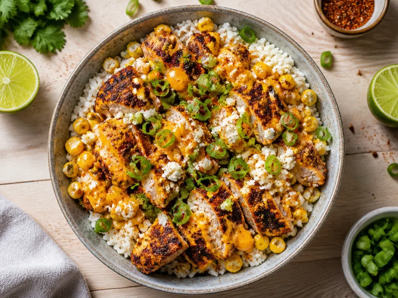 Blackened chicken with a dark spiced crust sliced over a street corn rice bowl