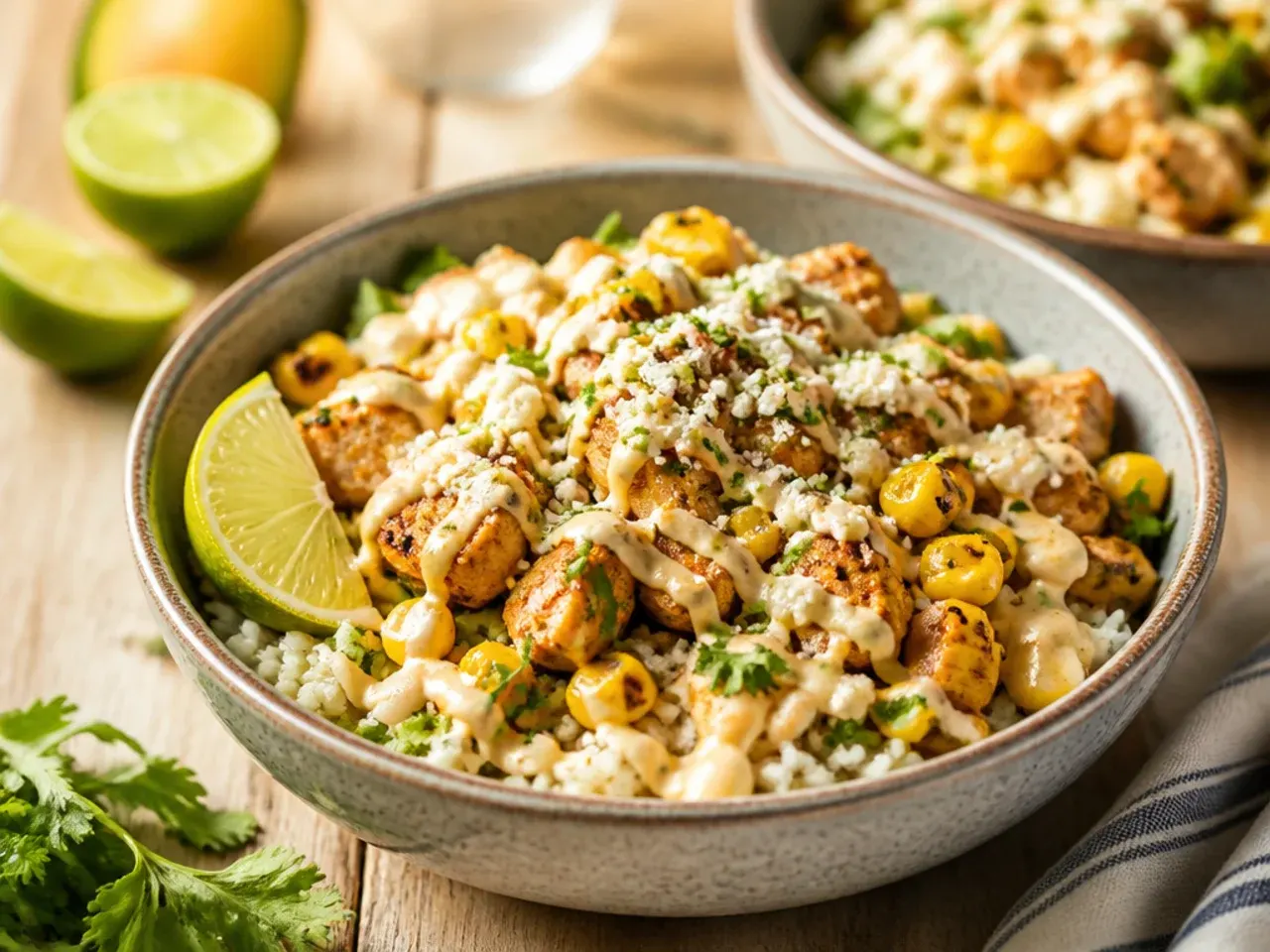 Tex-Mex fajita-style street corn chicken rice bowl with peppers and onions