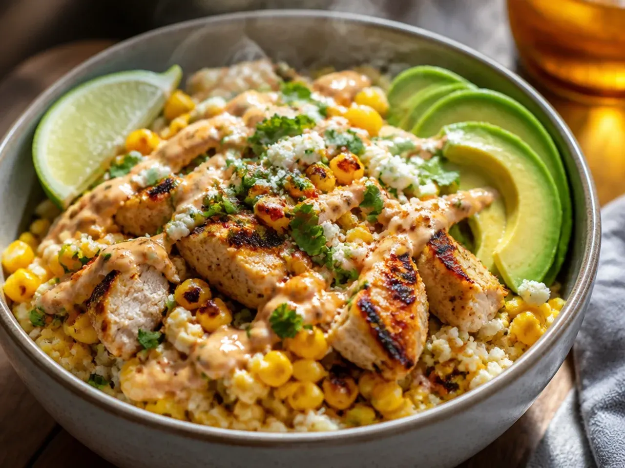 Low-carb street corn chicken bowl served over cauliflower rice