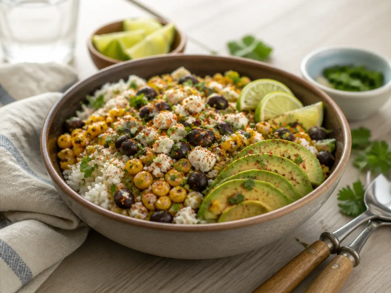 Vegetarian street corn rice bowl with seasoned black beans instead of chicken