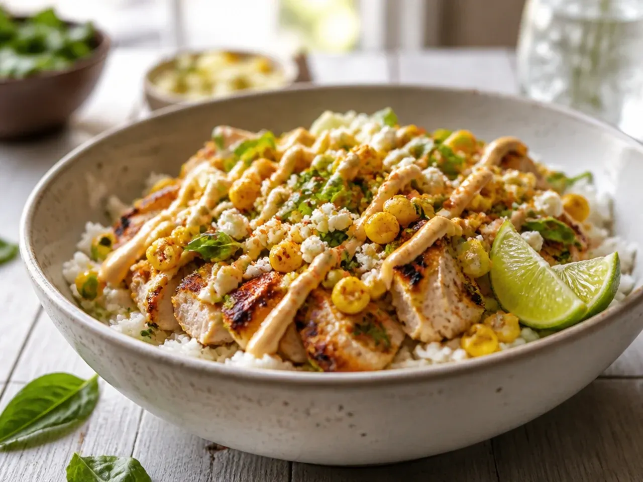 Air fryer basket with spiced chicken pieces and charred corn kernels