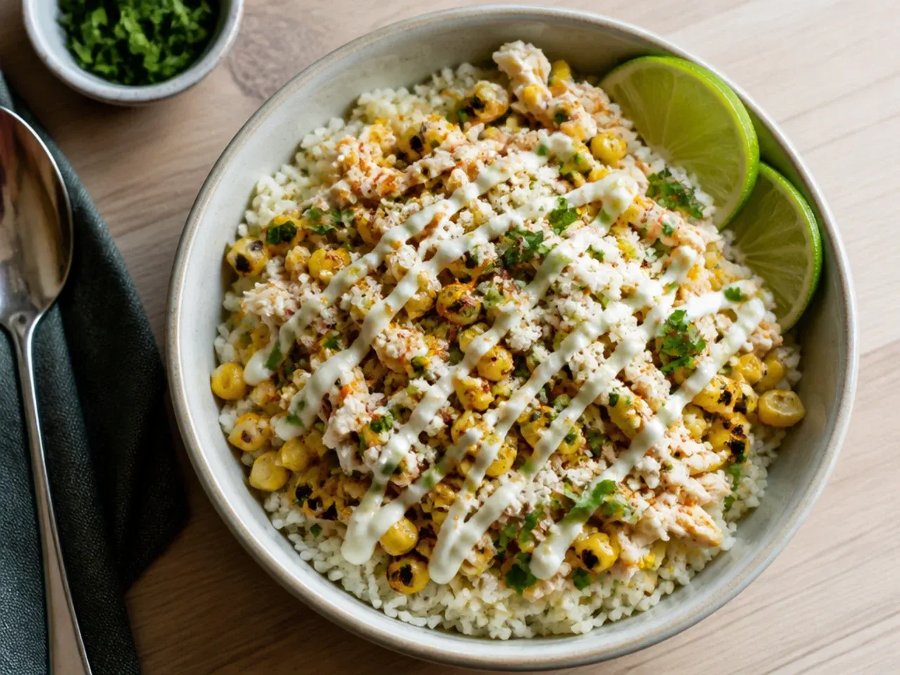 Instant Pot with shredded chicken and rice ready for a street corn bowl
