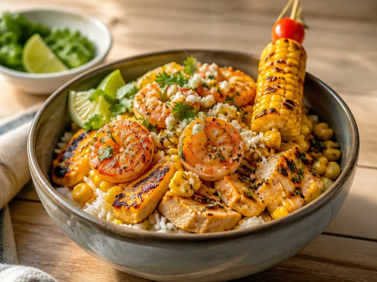 Spiced prawns over a street corn rice bowl with lime and coriander