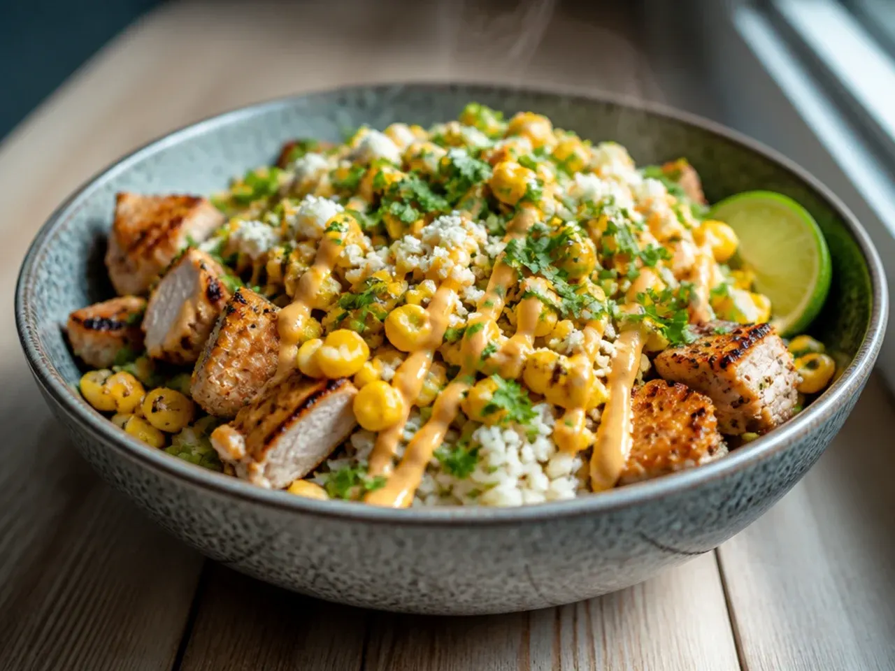 Street corn chicken rice bowl made with tinned sweetcorn and a mild crumbly cheese