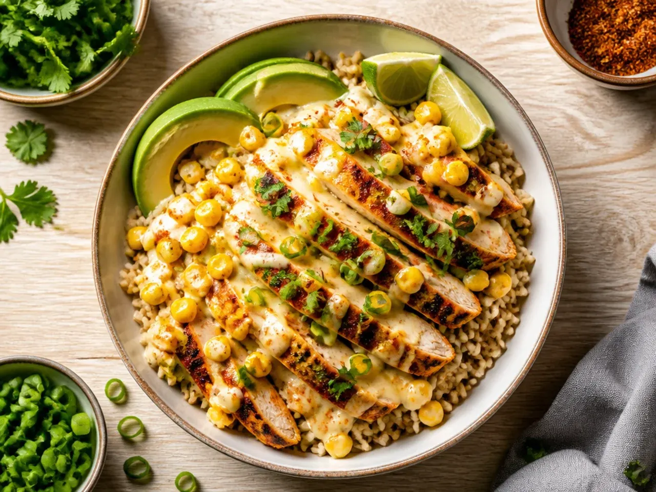 Street corn chicken bowl with brown rice and sliced avocado on top