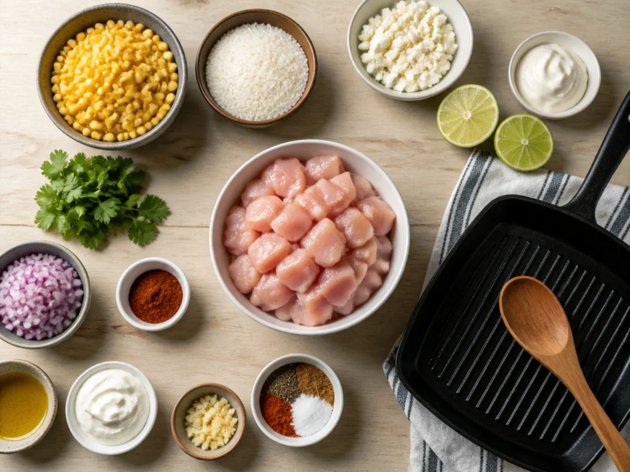 Close-up of charred corn kernels being seasoned in a skillet