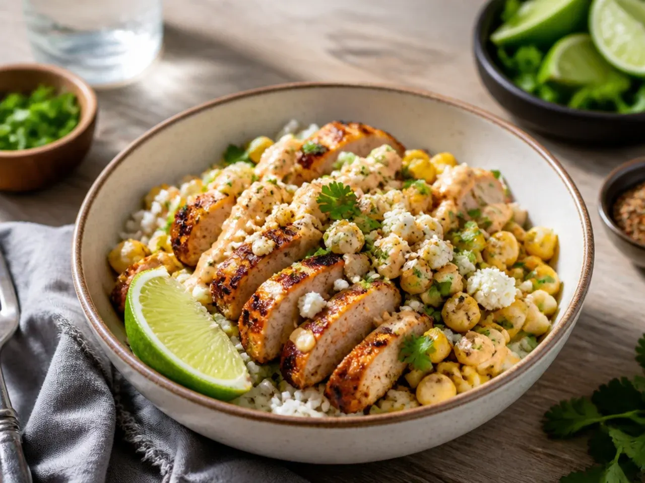 Street corn chicken rice bowl served with tortillas and a side salad