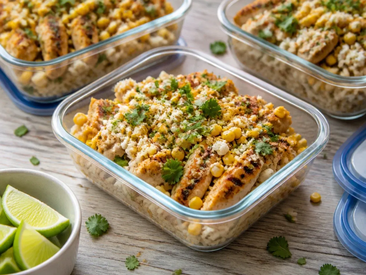 Airtight containers of leftover street corn chicken rice bowl components in the fridge