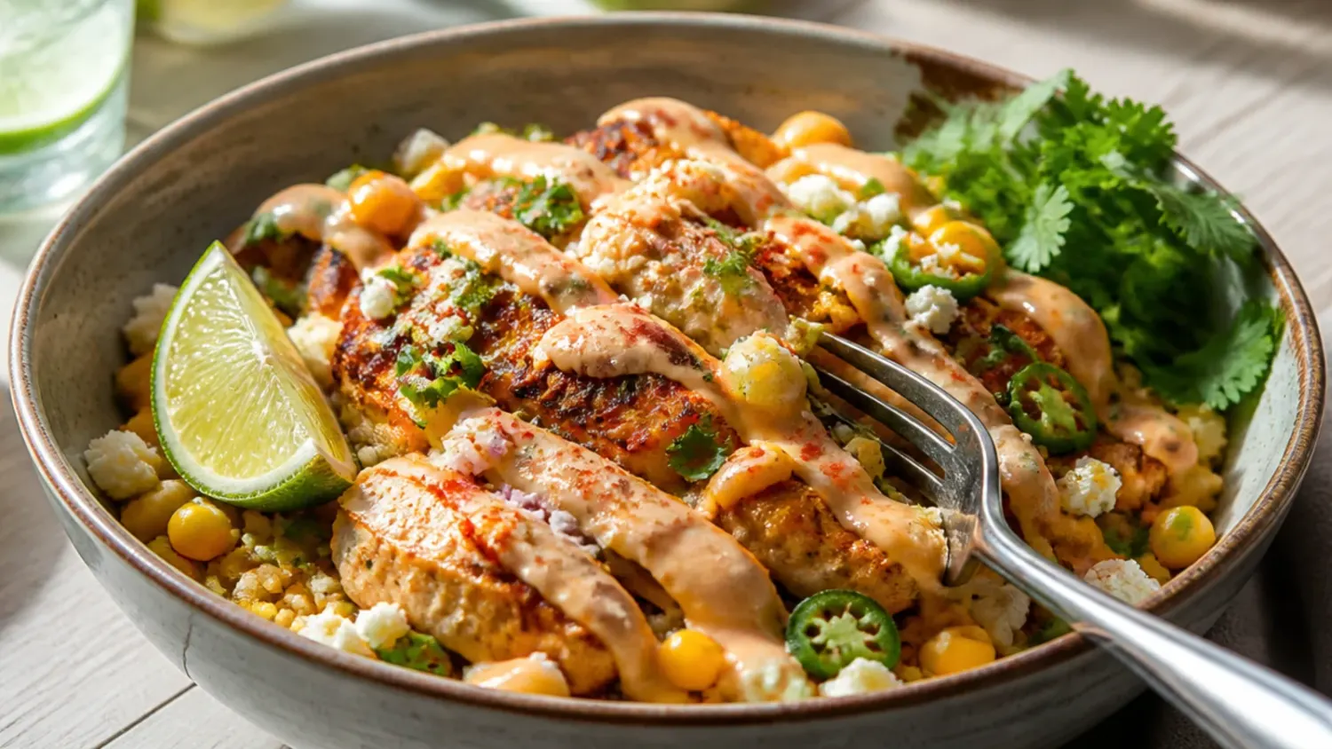 Overhead shot of a street corn rice chicken bowl with charred corn, sliced grilled chicken, lime wedges and crumbled cotija cheese