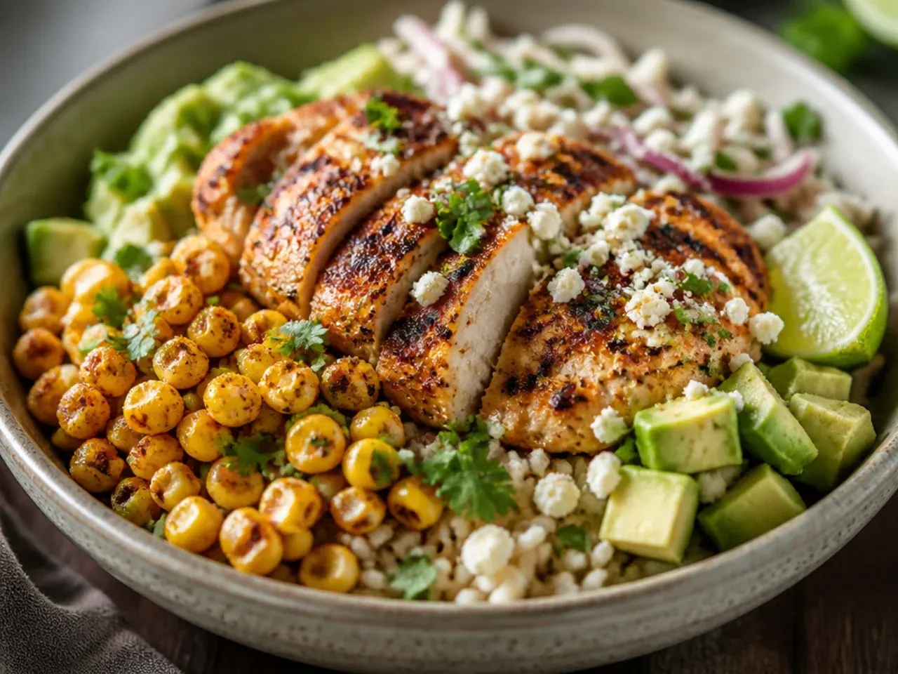 Ingredients for a street corn rice chicken bowl laid out on a kitchen counter