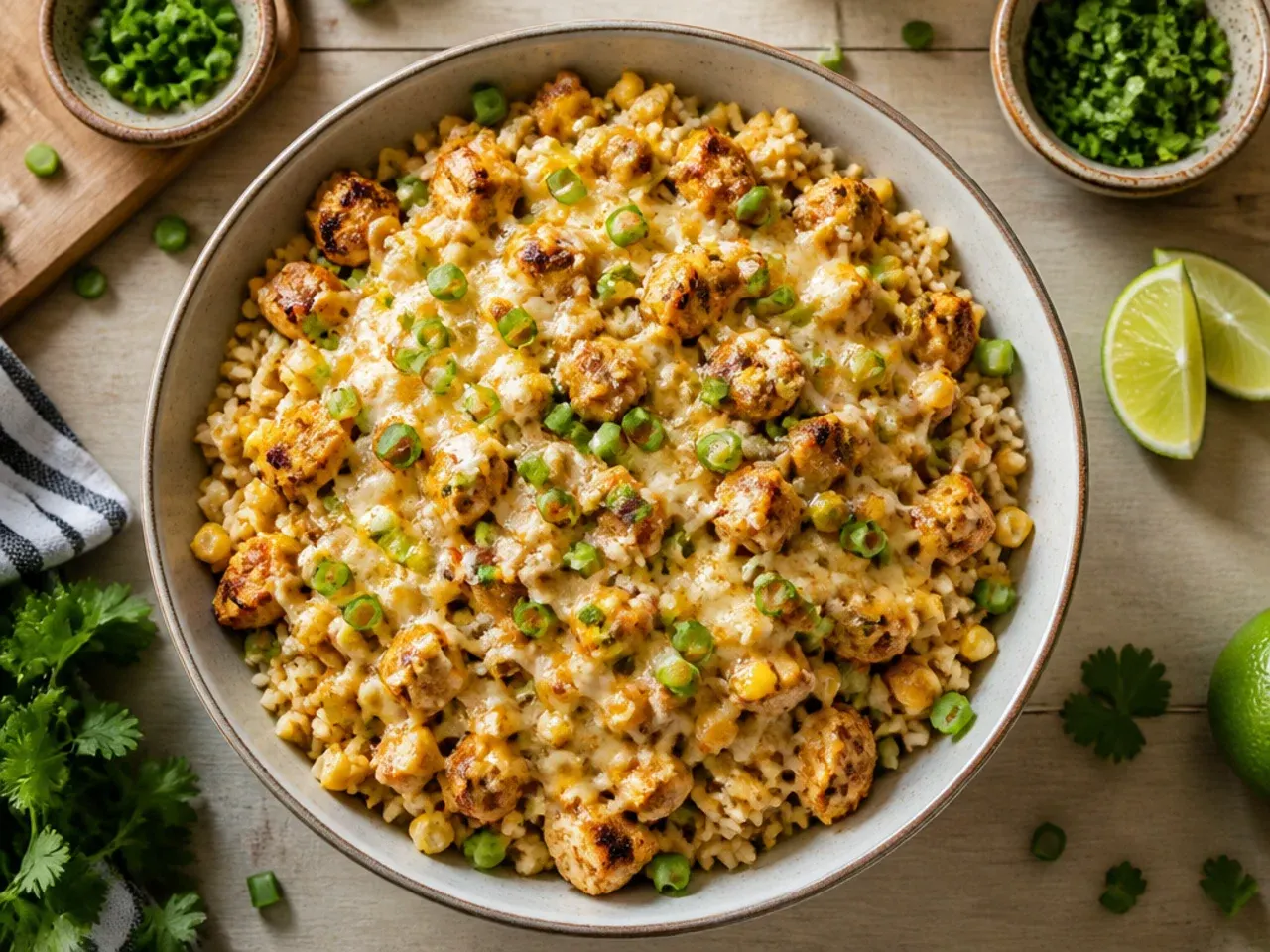 Classic street corn rice chicken bowl with charred corn and sliced chicken