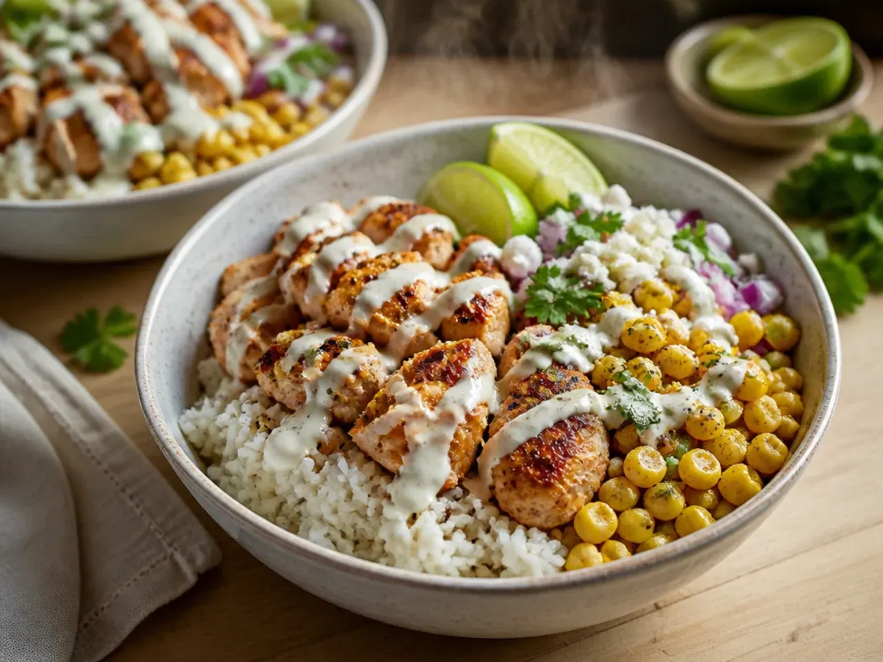 Easy street corn rice chicken bowl made with rotisserie chicken and frozen corn
