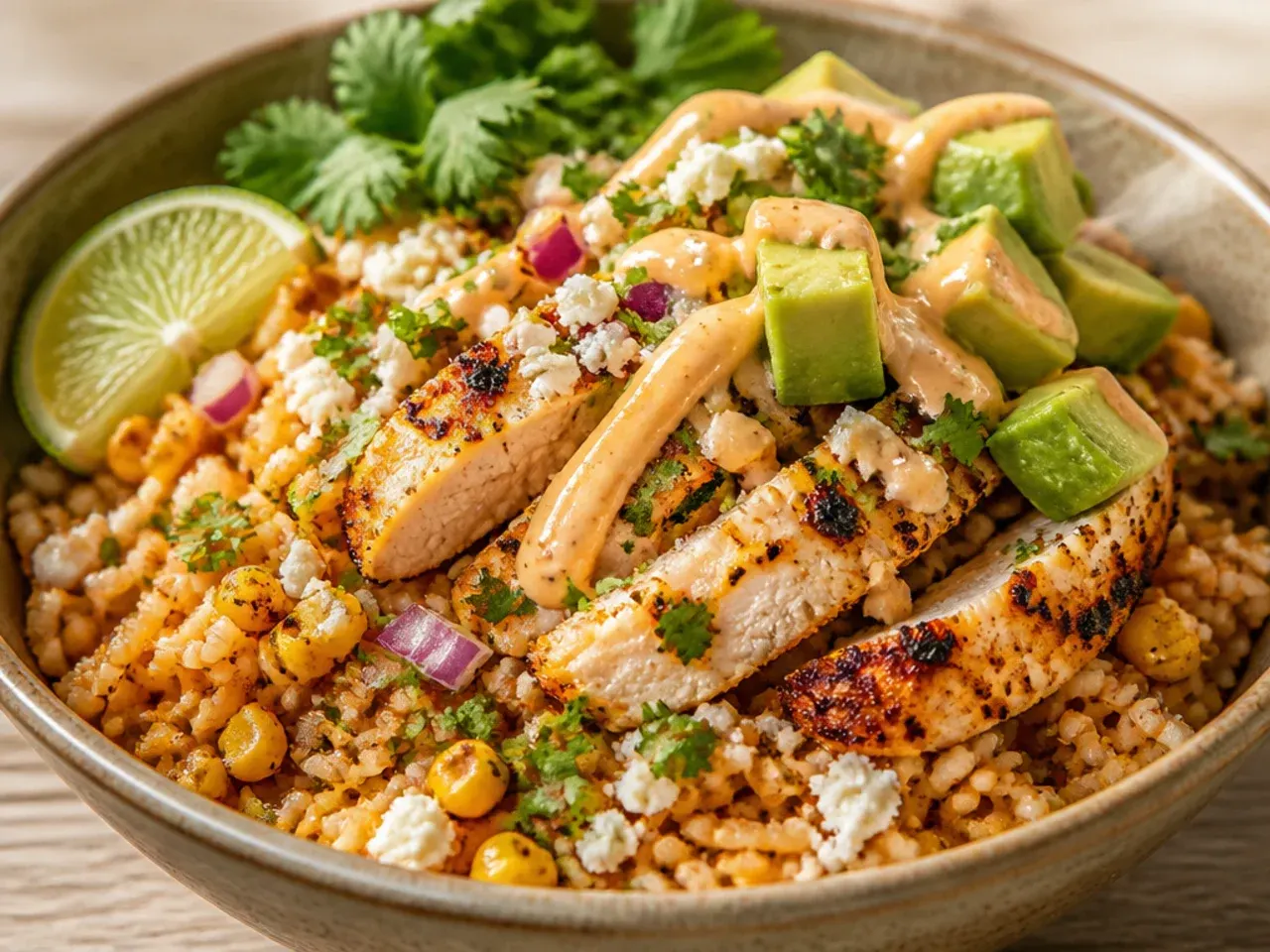 Cozy street corn rice chicken bowl with melted cheese and buttery rice
