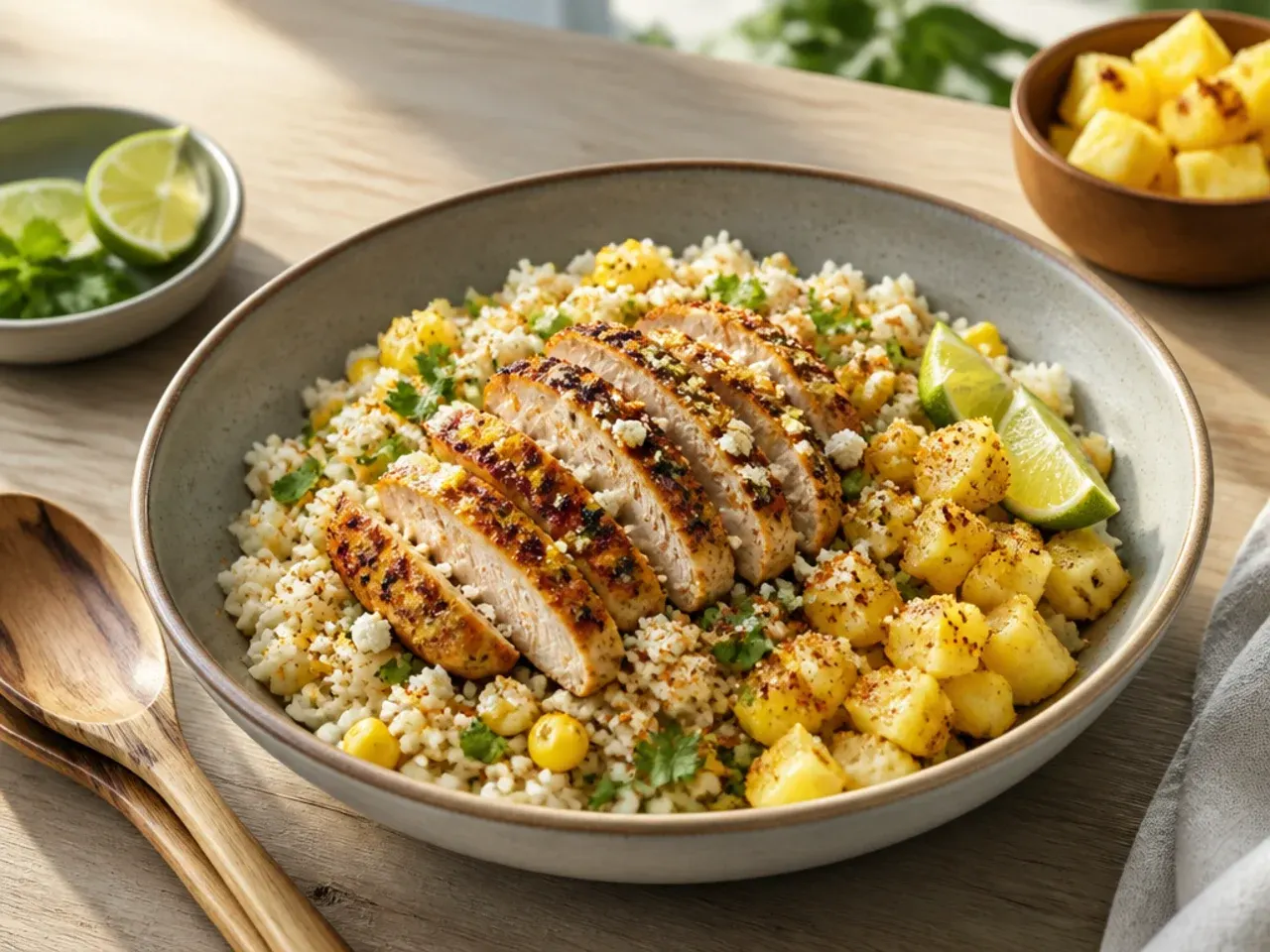 Simple street corn rice chicken bowl with minimal toppings