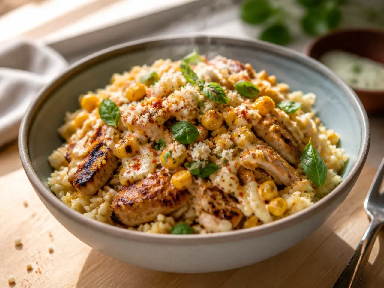 Creamy street corn rice chicken bowl with blended corn dressing drizzled over top