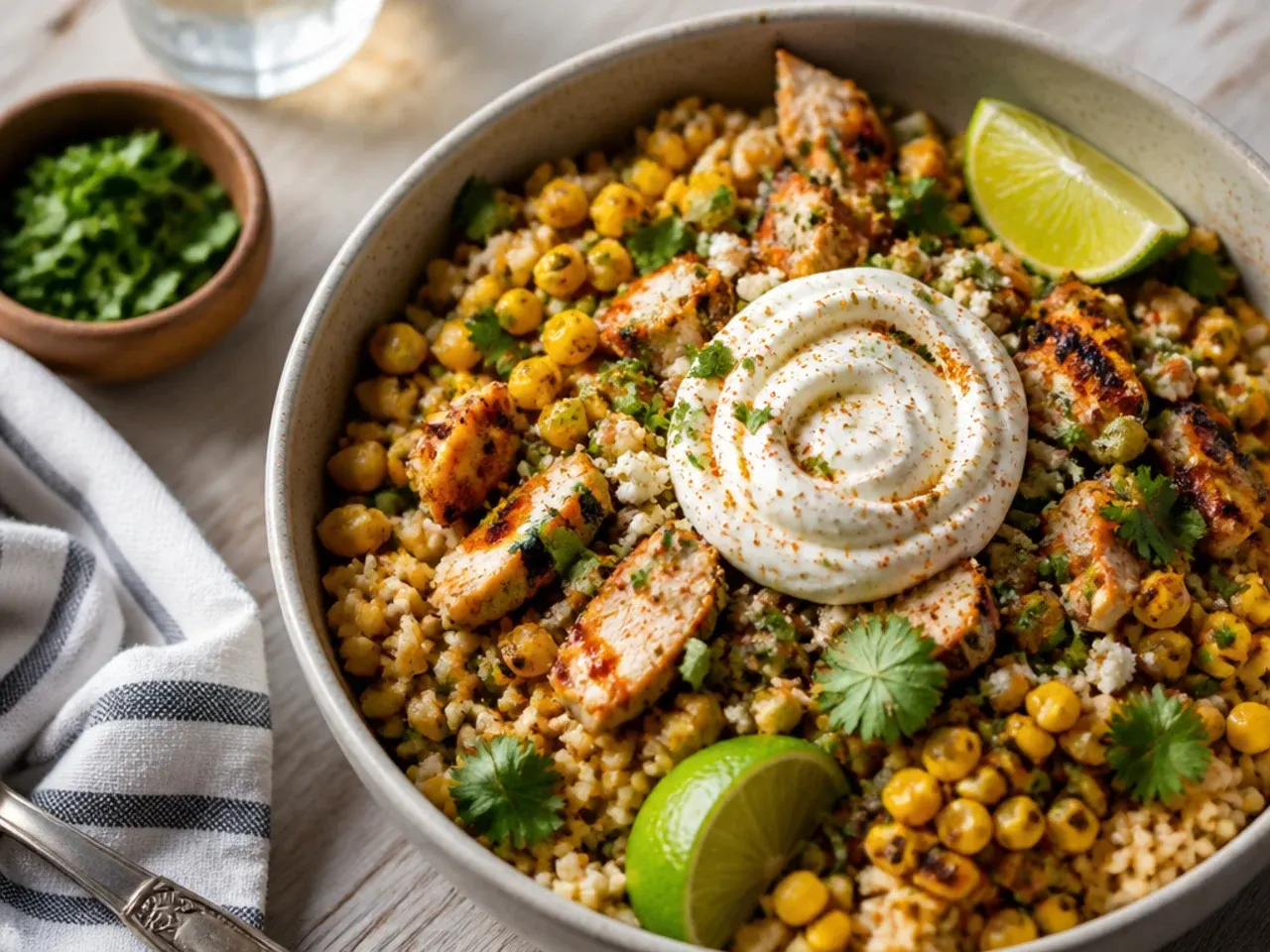 Loaded street corn rice chicken bowl with avocado, beans and tortilla chips