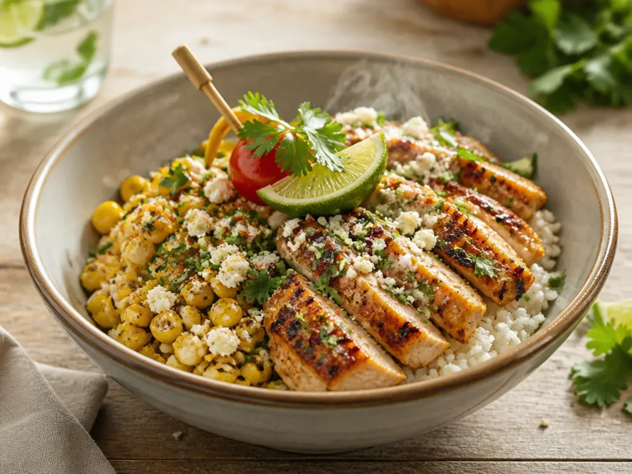 Best-ever street corn rice chicken bowl with barbecue-grilled chicken and corn
