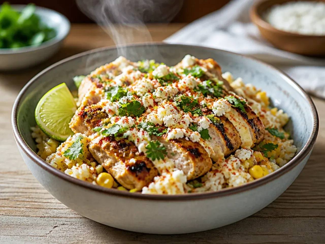Cheesy street corn rice chicken bowl with melted cheddar and grilled cotija topping