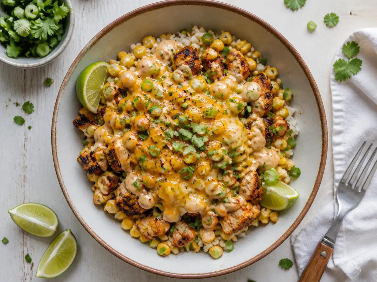 Budget street corn rice chicken bowl made with tinned corn and value chicken