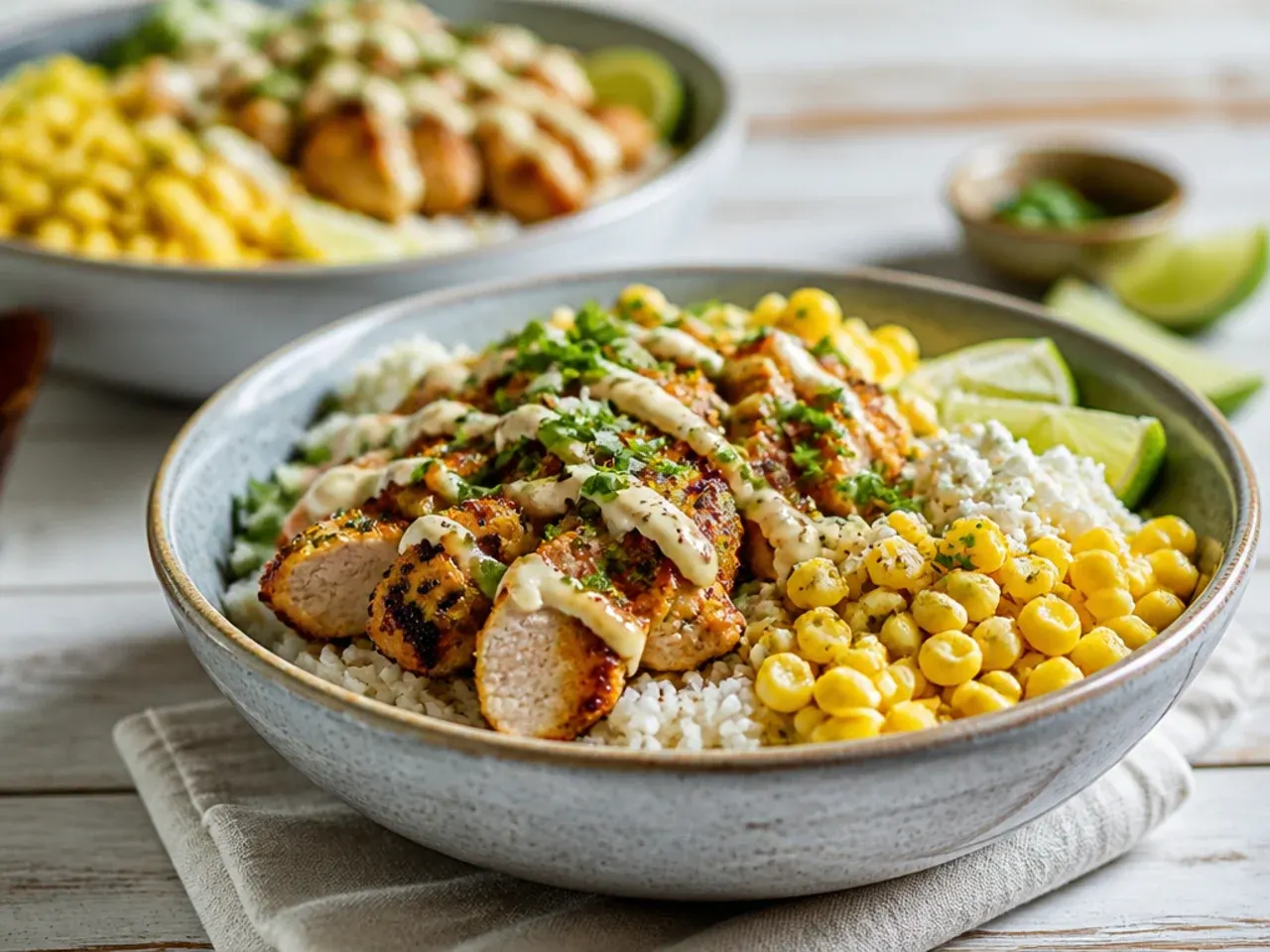 Build-your-own street corn rice chicken bowl bar set up for a crowd