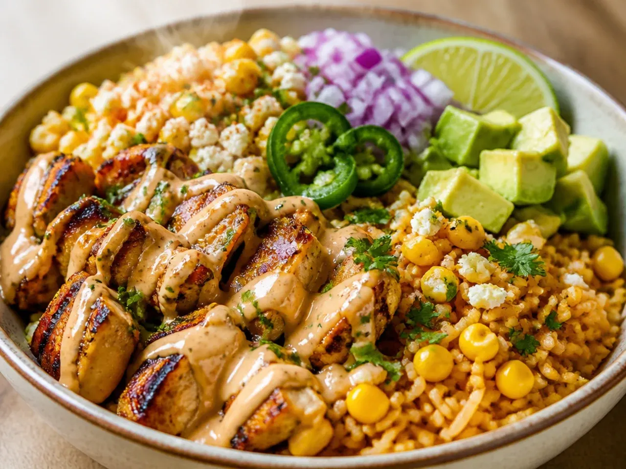 Meal-prep containers of make-ahead street corn rice chicken bowls
