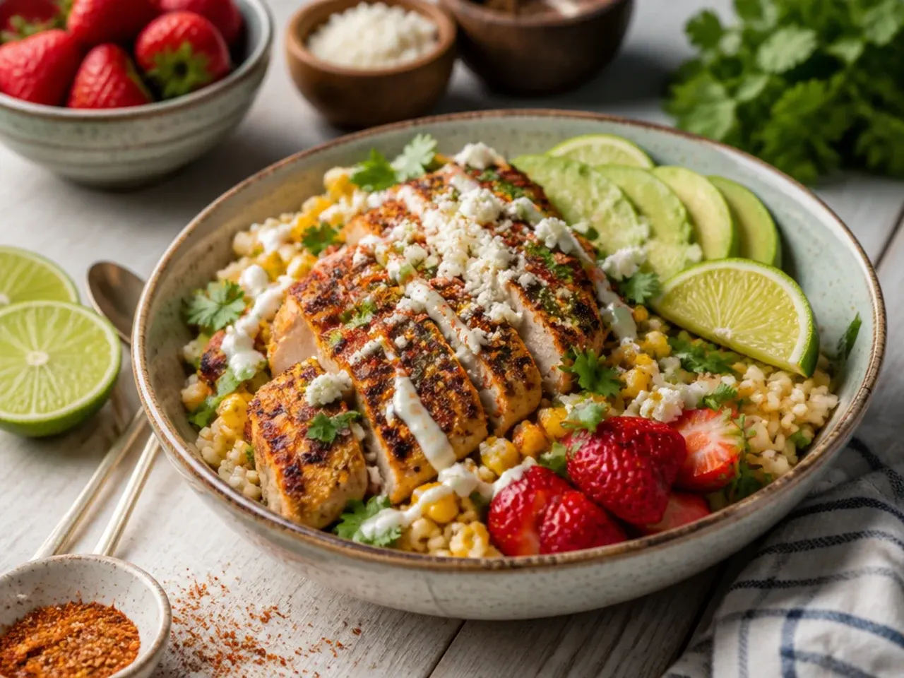 Family-style street corn rice chicken bowl with mild seasoning and separate toppings