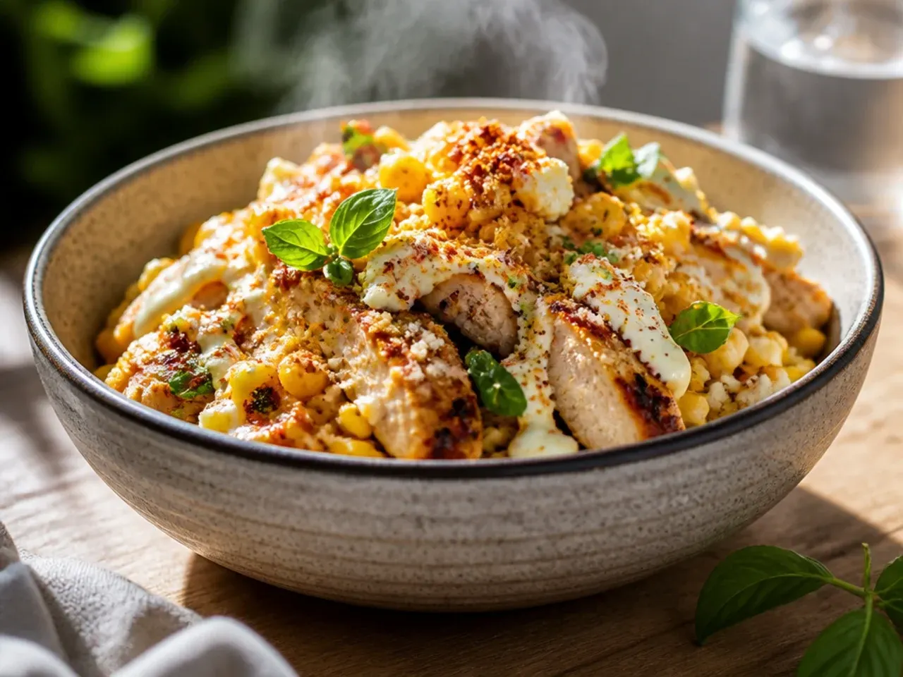 Festive street corn rice chicken bowl garnished with pomegranate seeds and jalapeño