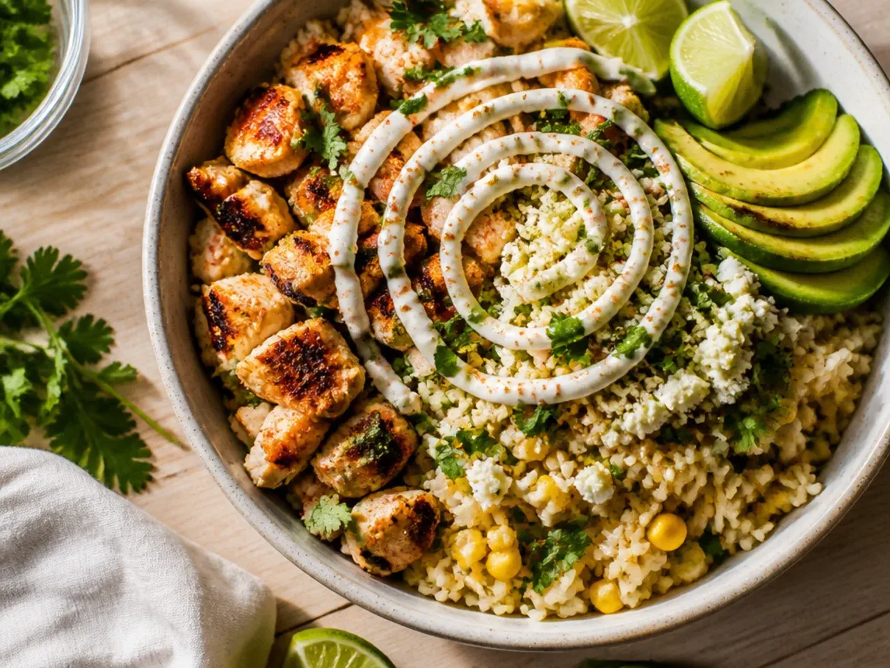 Quick street corn rice chicken bowl made in 20 minutes with microwave rice
