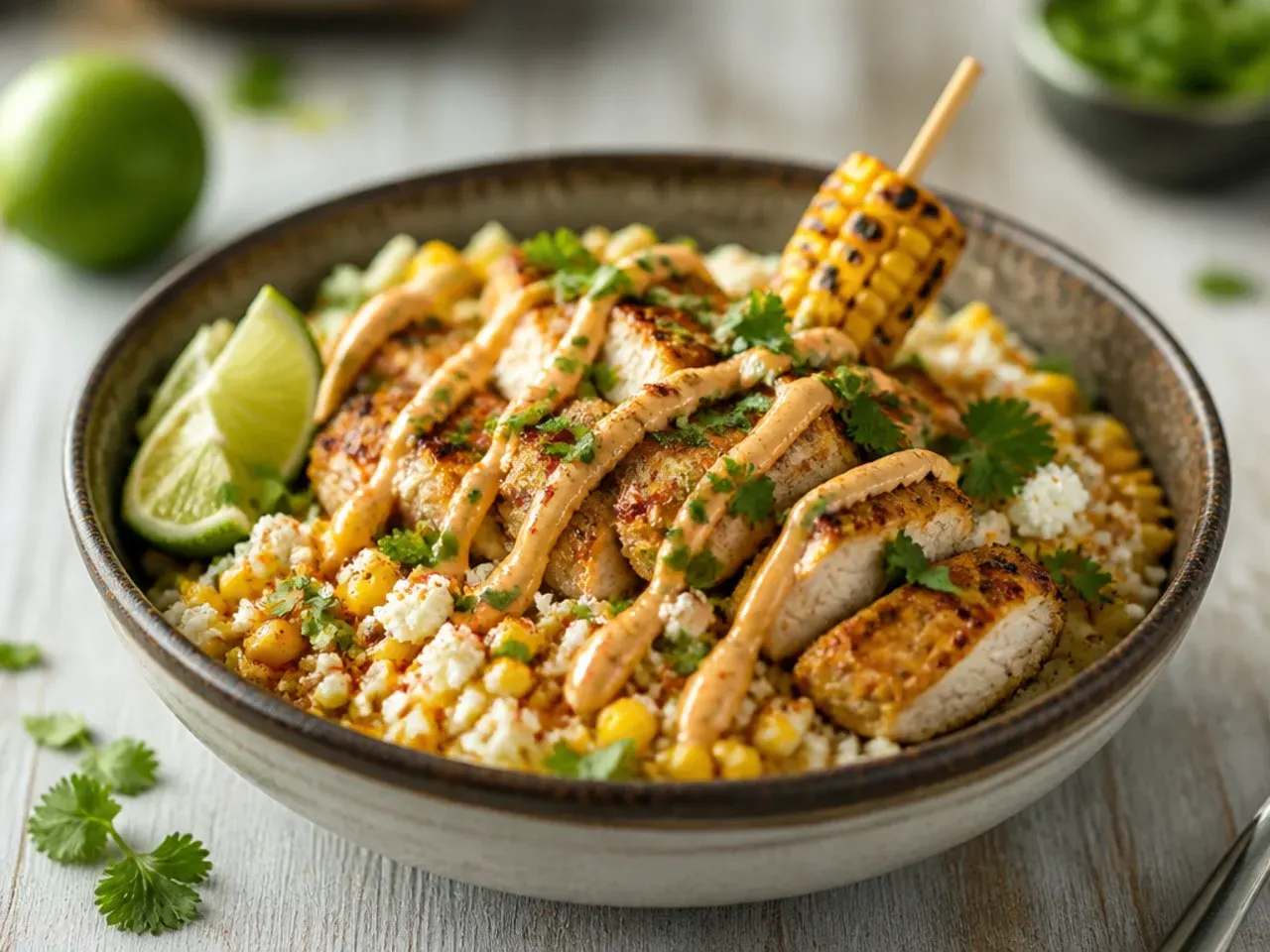 Homemade street corn rice chicken bowl with fresh cilantro-lime rice