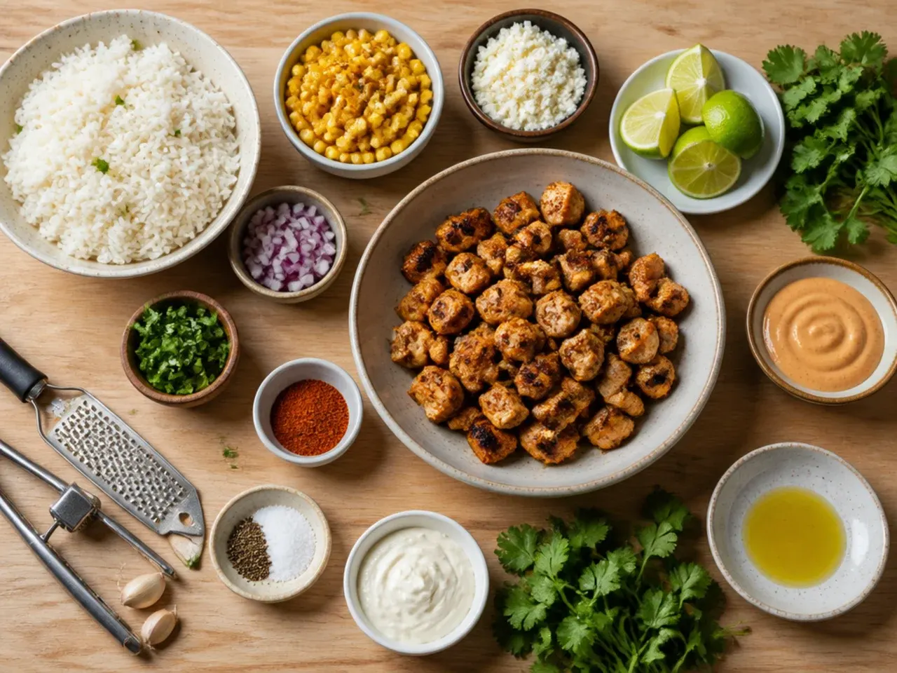 Close-up of chicken searing and corn charring in a cast iron pan
