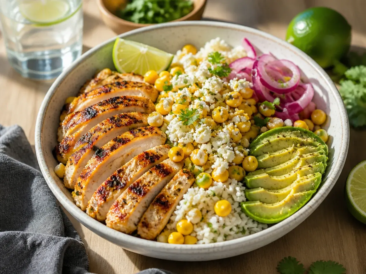 Street corn rice chicken bowl served with warm tortillas and lime wedges on the side