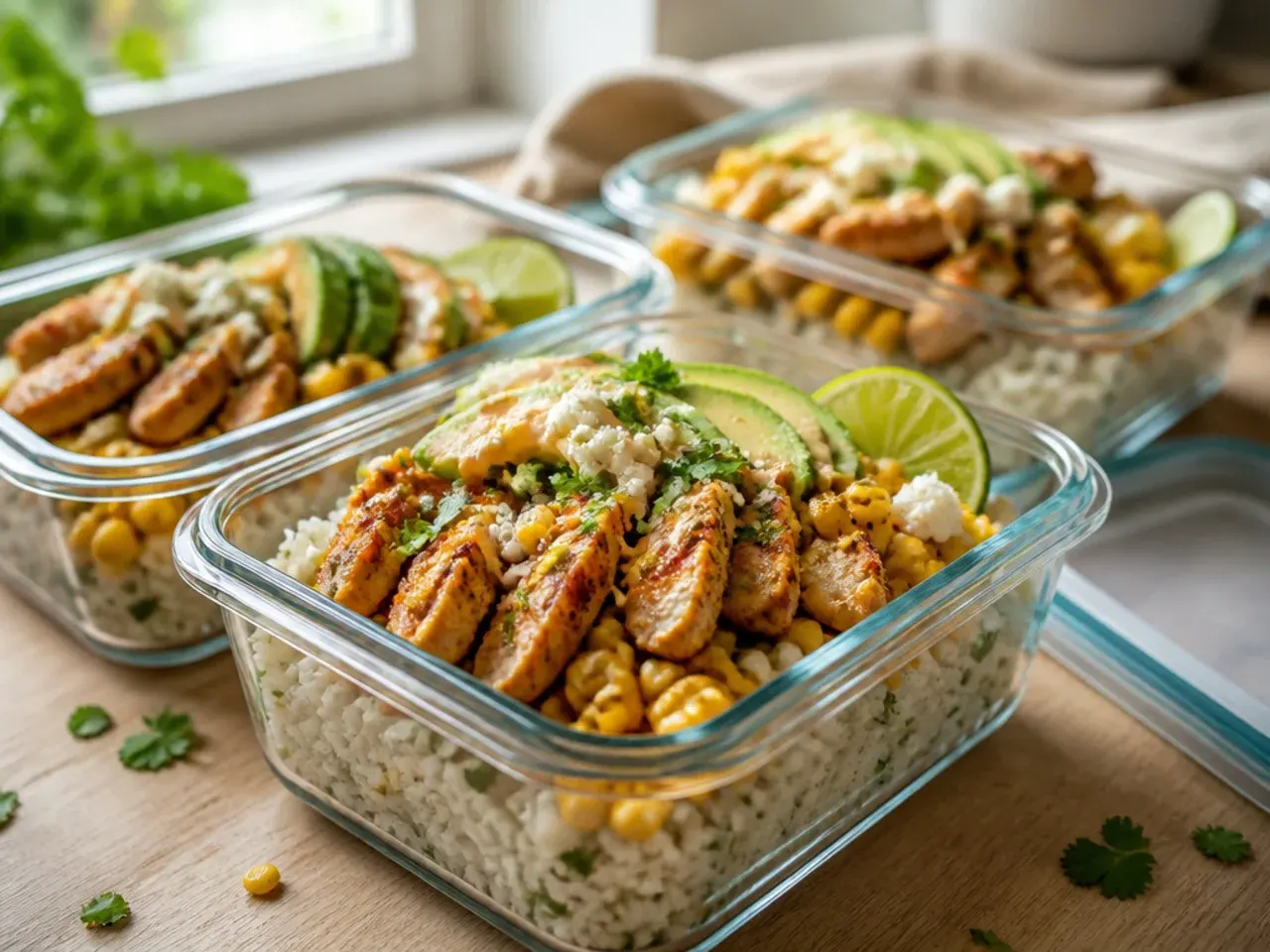Leftover street corn rice chicken bowl ingredients stored in airtight containers
