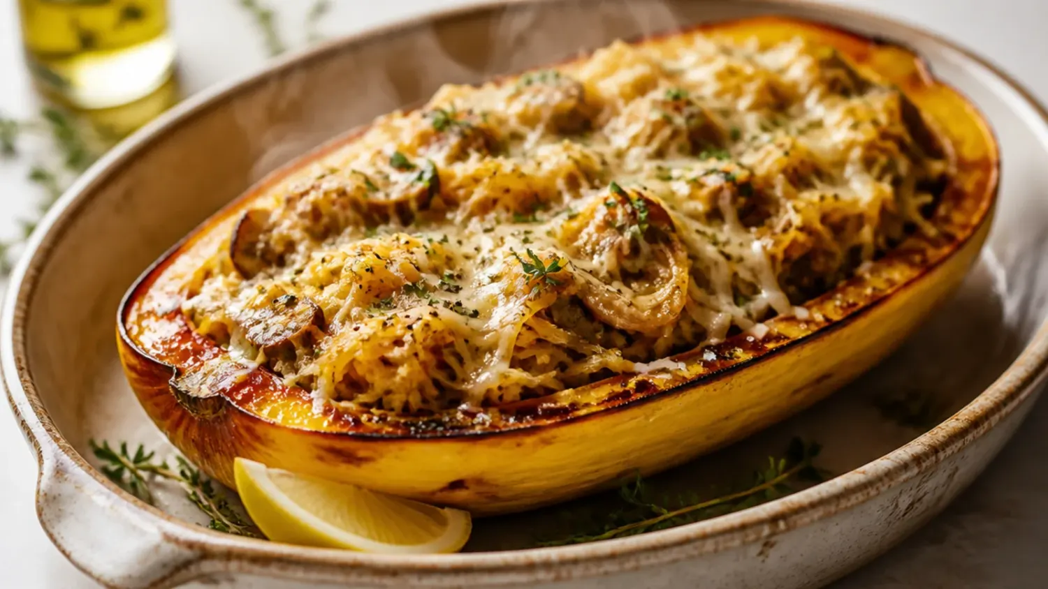 Two golden, cheese-topped spaghetti squash halves stuffed with sausage, spinach, and ricotta on a baking sheet, one cut open to show the strands