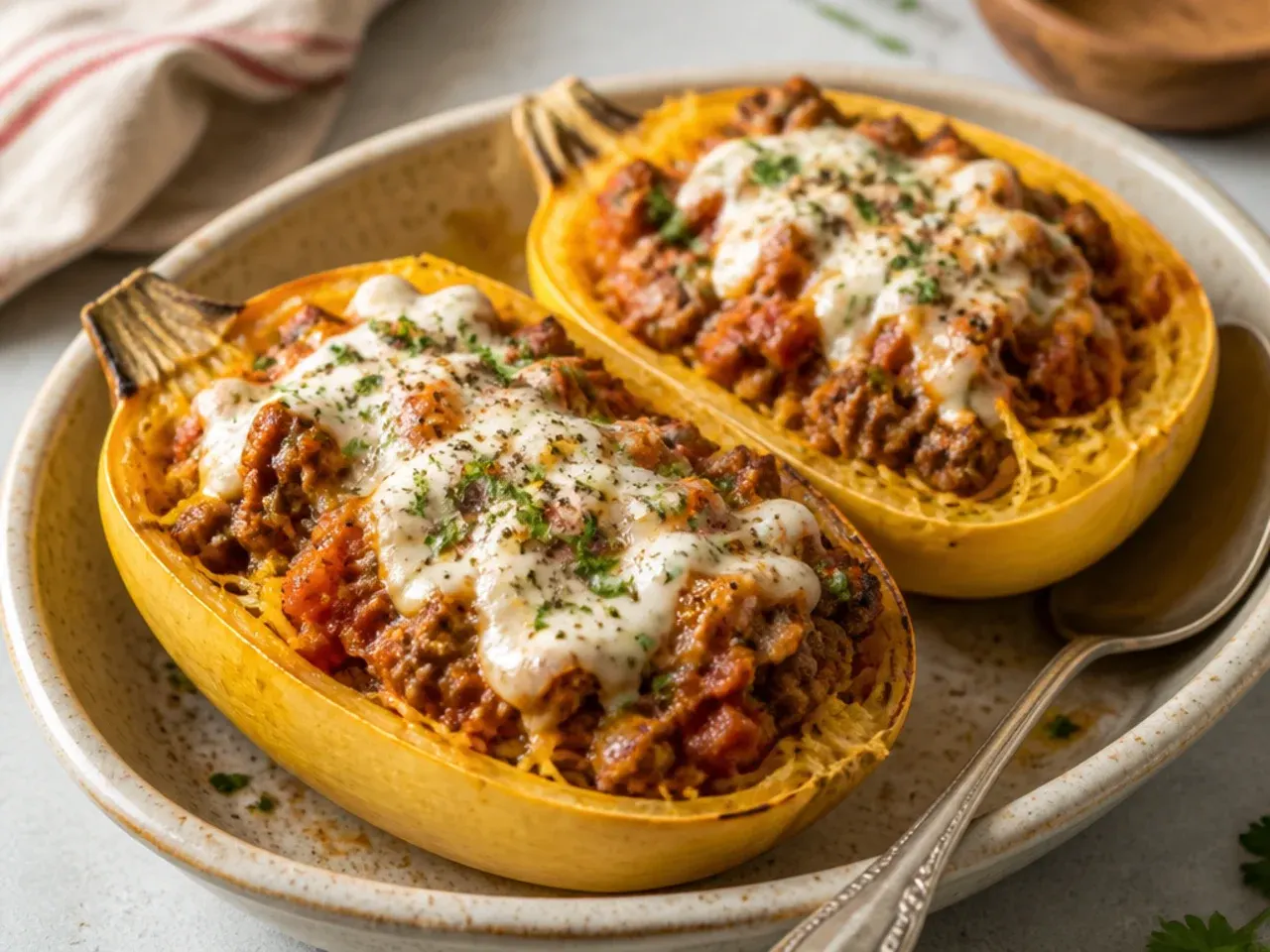 Roasted spaghetti squash strands being pressed dry in a colander with a tea towel